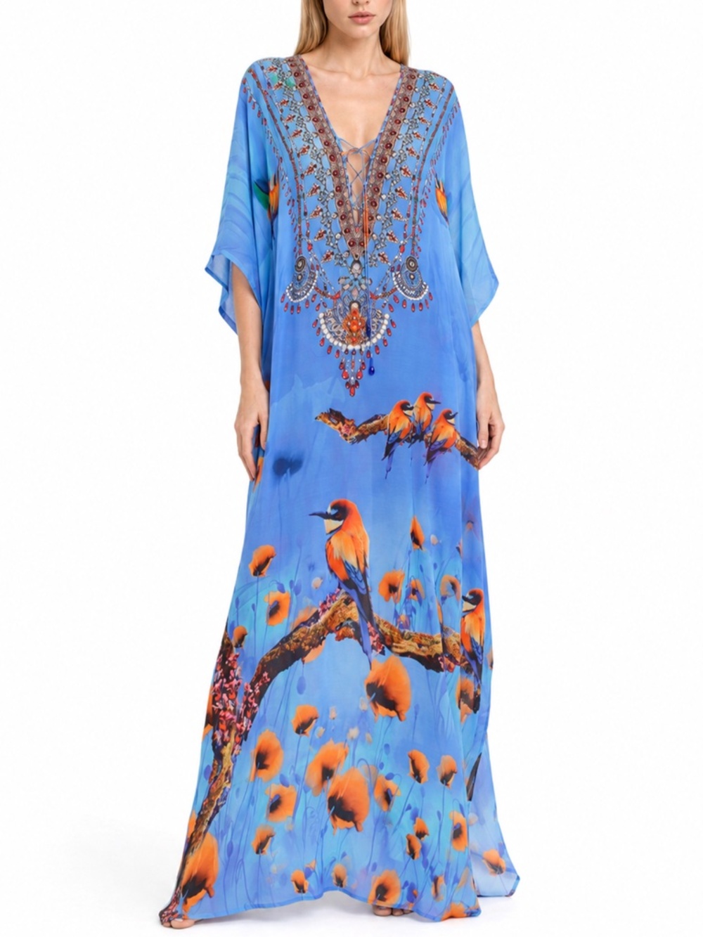 Shahida Parides Blue Bird Floral Kaftan Caftan Maxi Dress Resort Beach Cover Up